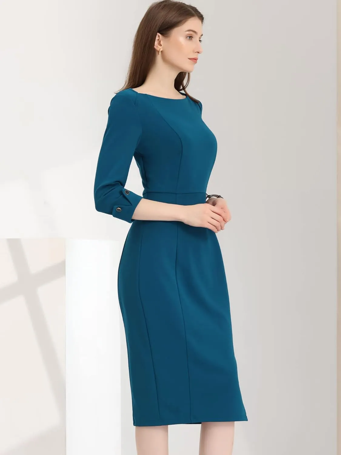 Allegra K Women's Elegant Boat Neck 3/4 Sleeves 2025 Wear to Work Midi Split Sheath Dress