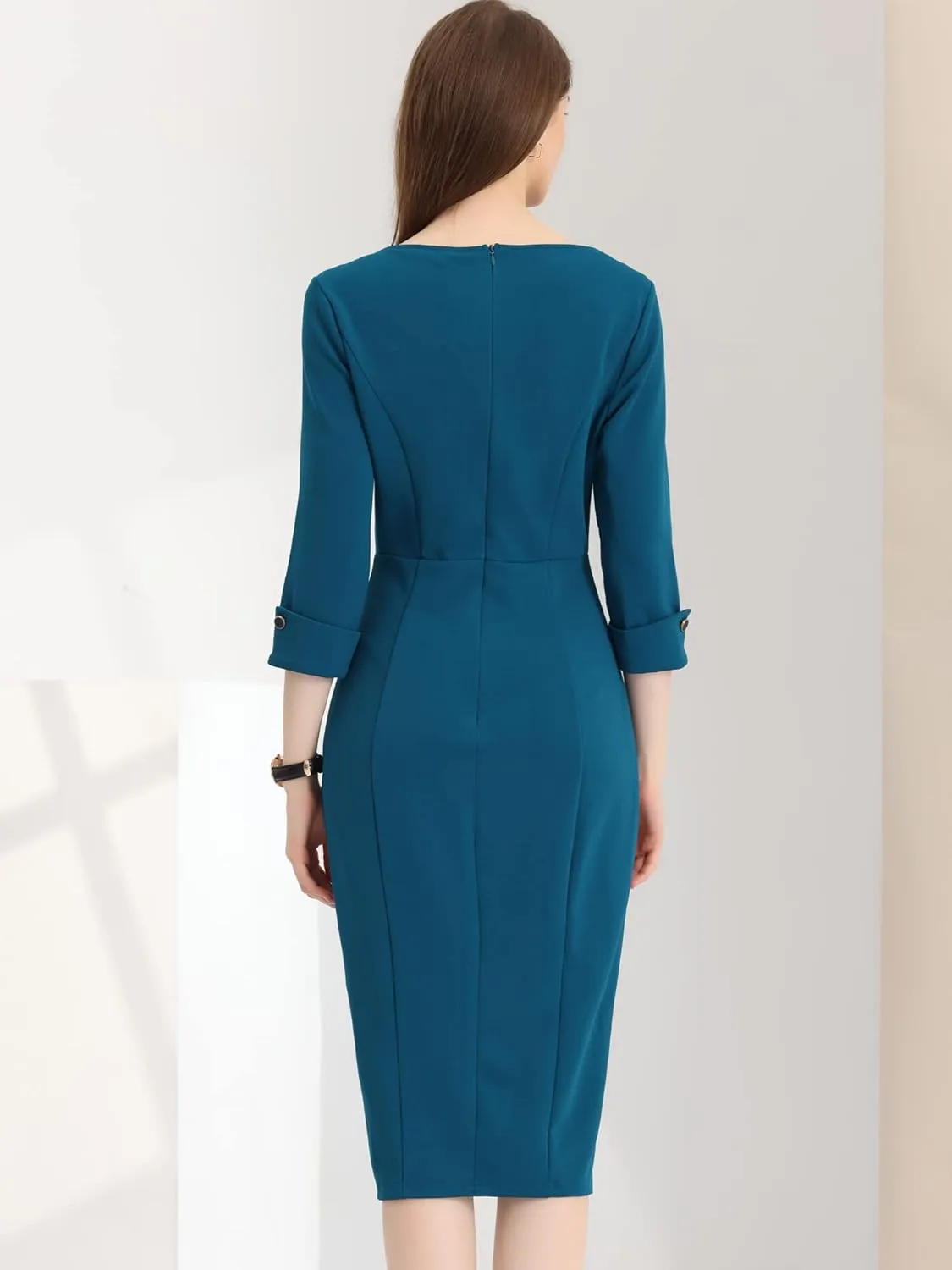 Allegra K Women's Elegant Boat Neck 3/4 Sleeves 2025 Wear to Work Midi Split Sheath Dress