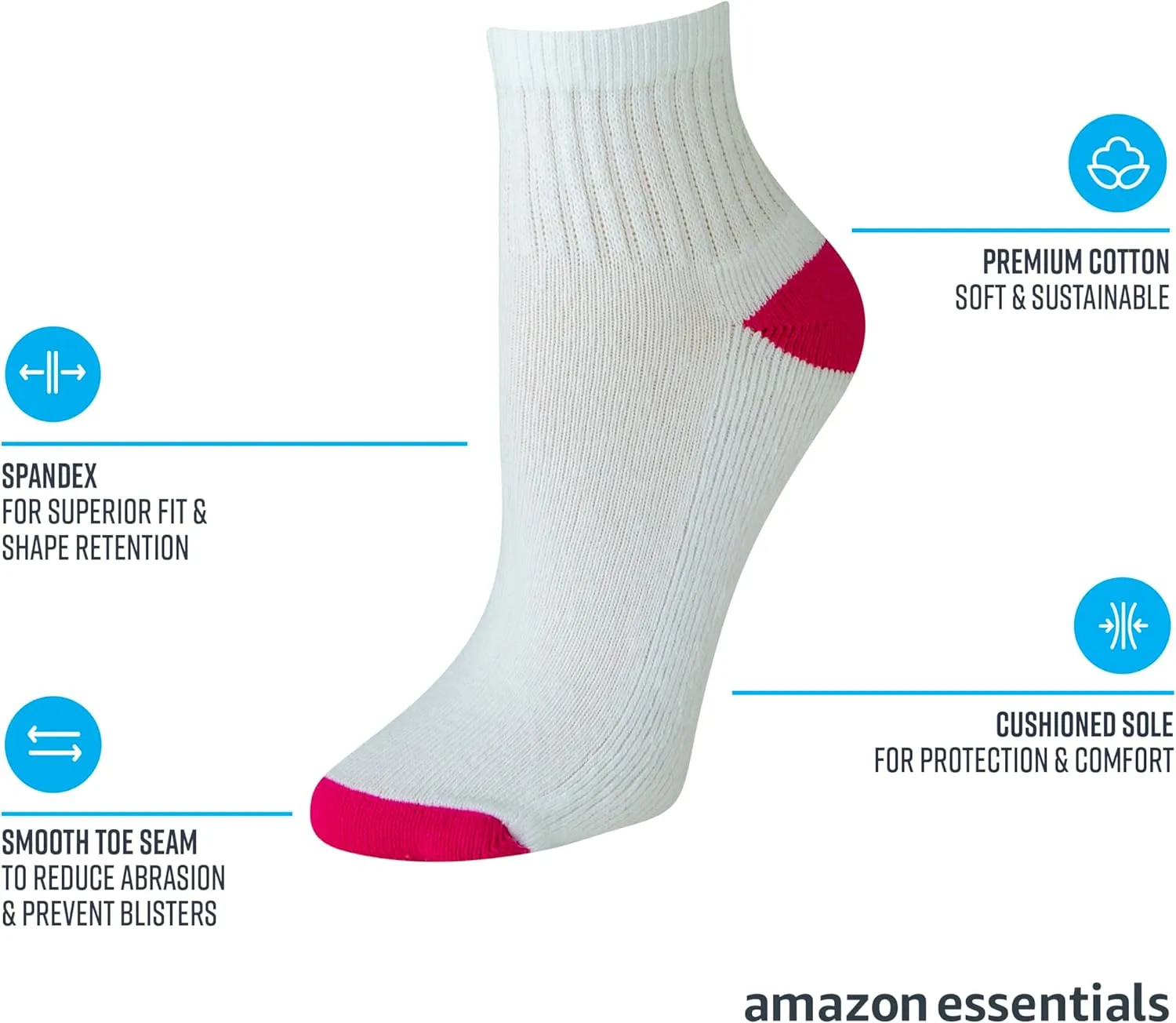 Amazon Essentials Women's Performance Comfortable Cotton Cushioned Breathable Athletic Ankle Sports Socks, 6 Pairs