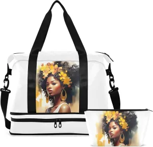 American African Black Woman Flowers Gym Bag for Women & Men,Duffel Bag with Shoe Pocket,Weekender Overnight Bag with Trolley Sleeve for Travel 21217106