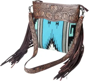 American Darling Large Vintage Crossbody Bag Leather Fringe Western Handbag Quilted Saddle Blanket Cowhide Purse with Hand-Carved Strap Handmade Shoulder Bag Premium Quality Crossbody bag (adbgz306a)