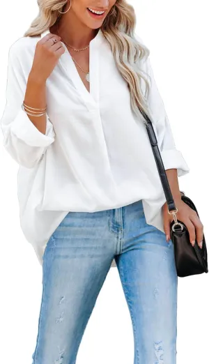 ANCAPELION Women’s Summer Chiffon Blouse Casual Short Sleeve V Neck Shirt Loose Printed Cuffed Sleeve Tunic Tops for Women