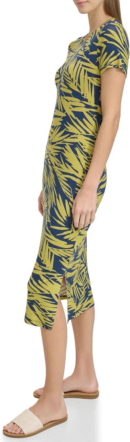 Andrew Marc Women's Short Sleeve Printed Midi Dress with Slits