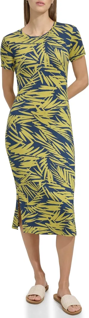 Andrew Marc Women's Short Sleeve Printed Midi Dress with Slits