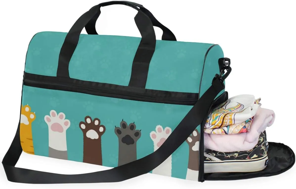 Animal Cat Dog Paw Print Travel Duffel Bag for Women Men Sport Gym Bag with Shoes Compartment Overnight Weekend Bag