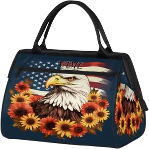 Animal Falcon American Flag Travel Sports Bag for Women Essentials Customized Name Carry On Duffel Gym Bag Personalized Accessories Large Tote Weekender Bag Ladies Beach Waterproof Bag