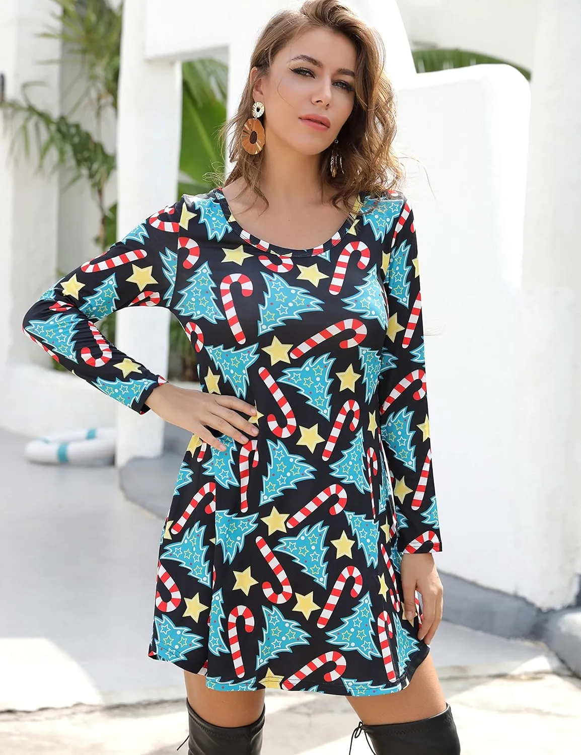 Aphratti Women's Long Sleeve Funny Printed Holiday Dress Casual Spring Tunic Tops to Wear with Leggings