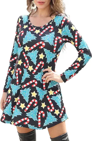 Aphratti Women's Long Sleeve Funny Printed Holiday Dress Casual Spring Tunic Tops to Wear with Leggings