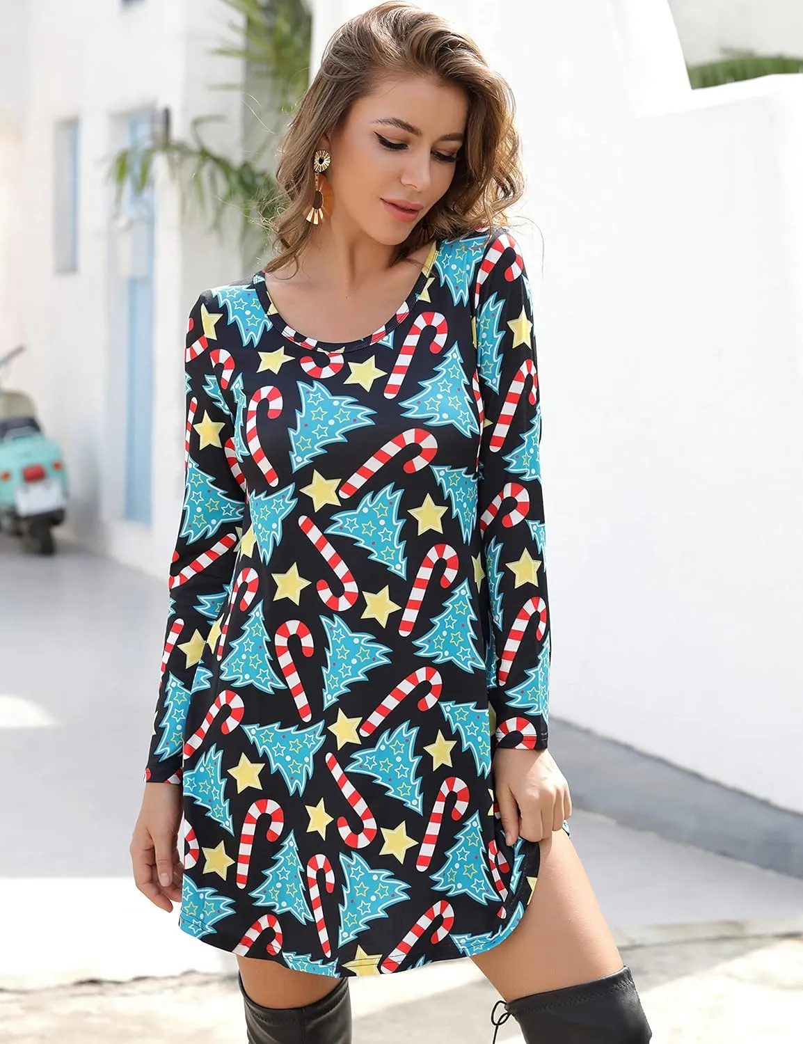 Aphratti Women's Long Sleeve Funny Printed Holiday Dress Casual Spring Tunic Tops to Wear with Leggings