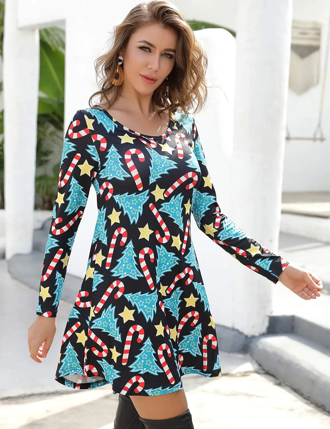 Aphratti Women's Long Sleeve Funny Printed Holiday Dress Casual Spring Tunic Tops to Wear with Leggings