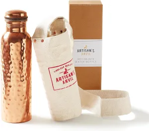Artisan's Anvil Copper Water Bottle - 32oz - Versatile and Travel-Friendly Pure Copper Water Bottle – Ayurvedic Copper Drinking Bottle for Women and Men – Wide Mouth Design – Carrying Canvas Bag