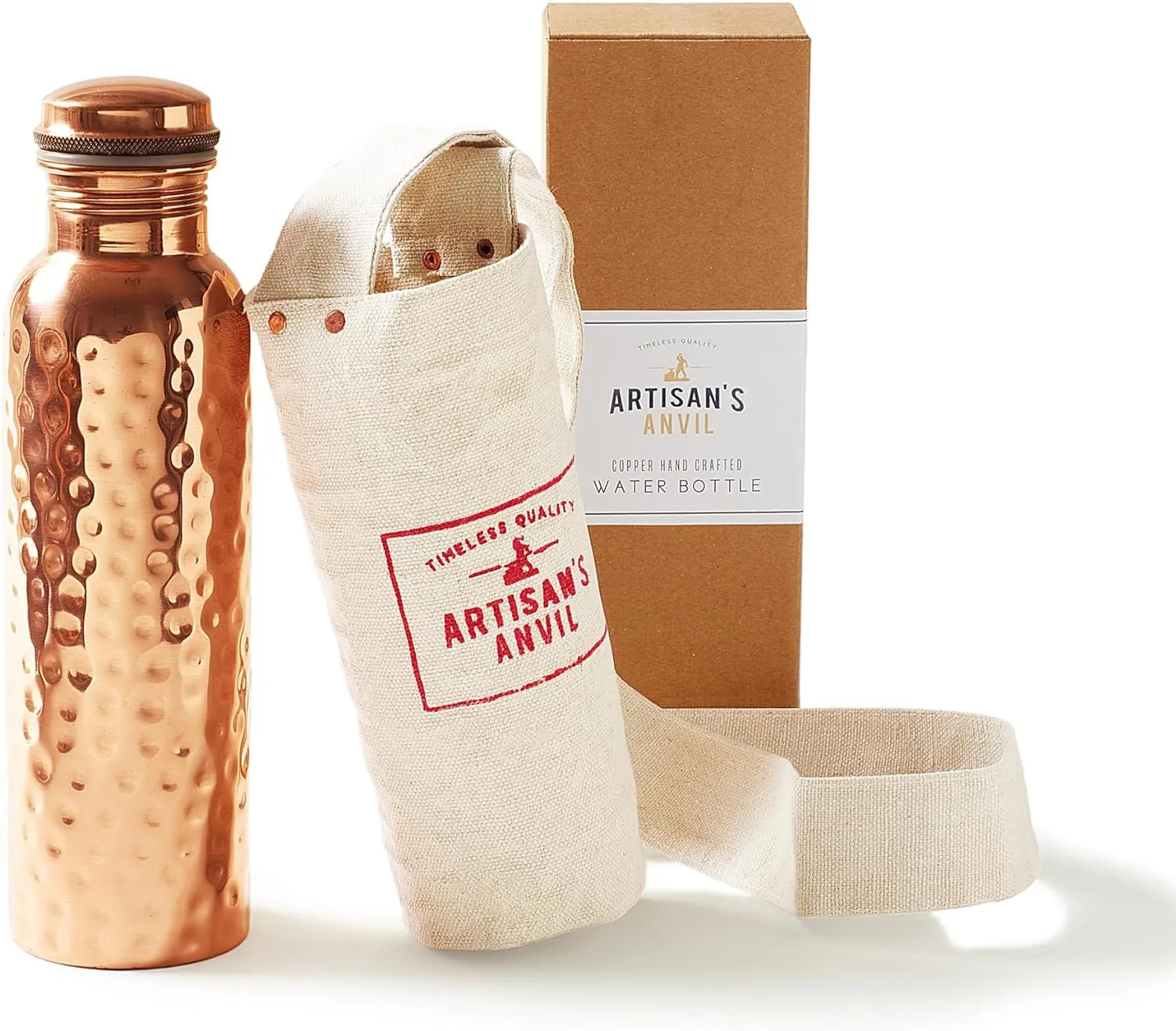 Artisan's Anvil Copper Water Bottle - 32oz - Versatile and Travel-Friendly Pure Copper Water Bottle – Ayurvedic Copper Drinking Bottle for Women and Men – Wide Mouth Design – Carrying Canvas Bag