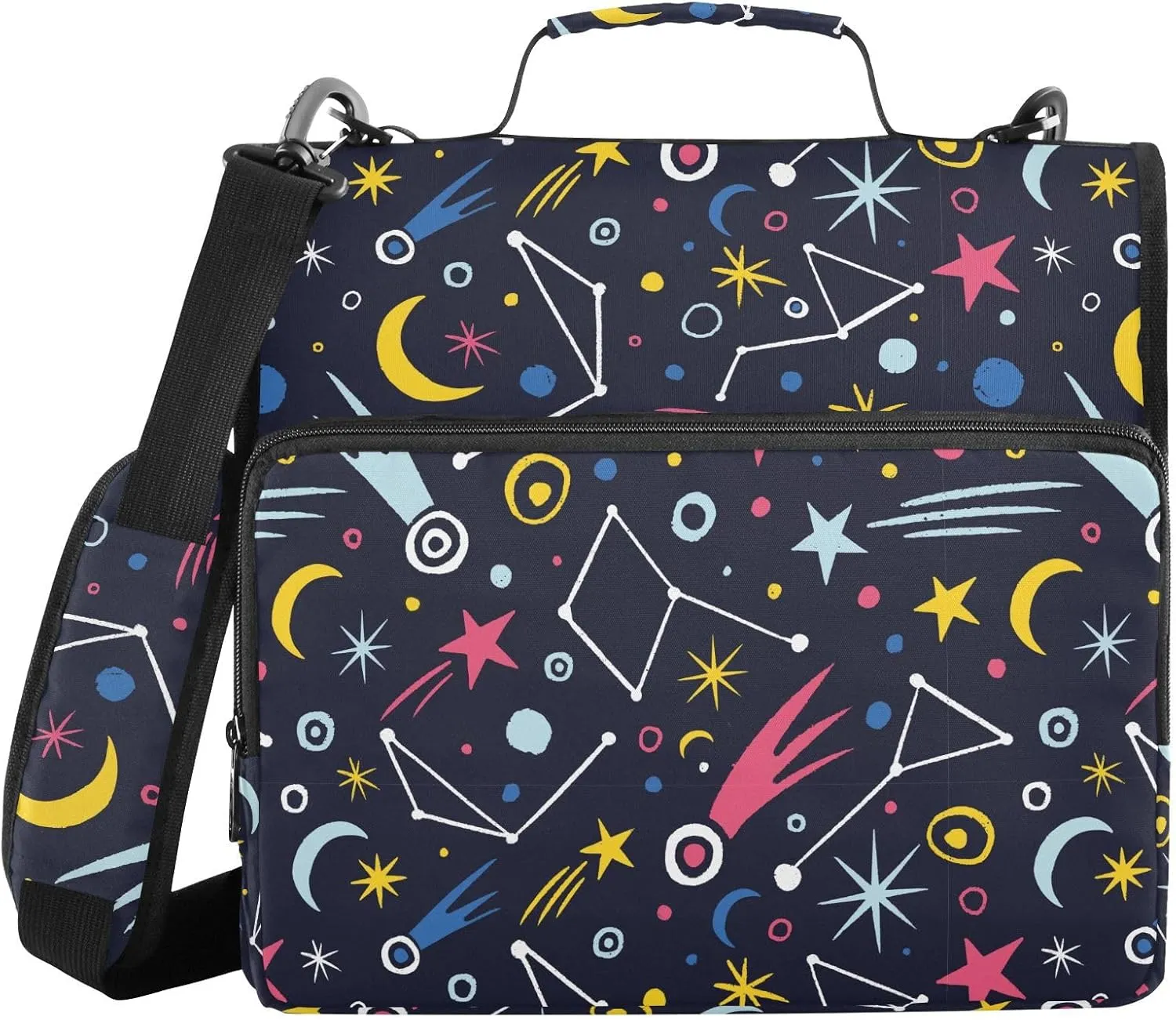 Aslsiy Zipper Binder Colorfull Space Stars 1.5 inch 3-Ring Binder Organizer Moon Meteor Trapper Keeper with Shoulder Strap for School Office Supplies