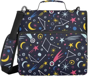 Aslsiy Zipper Binder Colorfull Space Stars 1.5 inch 3-Ring Binder Organizer Moon Meteor Trapper Keeper with Shoulder Strap for School Office Supplies