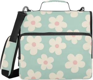 Aslsiy Zipper Binder Naive Floral Daisy Flower 1.5 inch 3-Ring Binder Organizer Green Trapper Keeper with Shoulder Strap for School Office Supplies