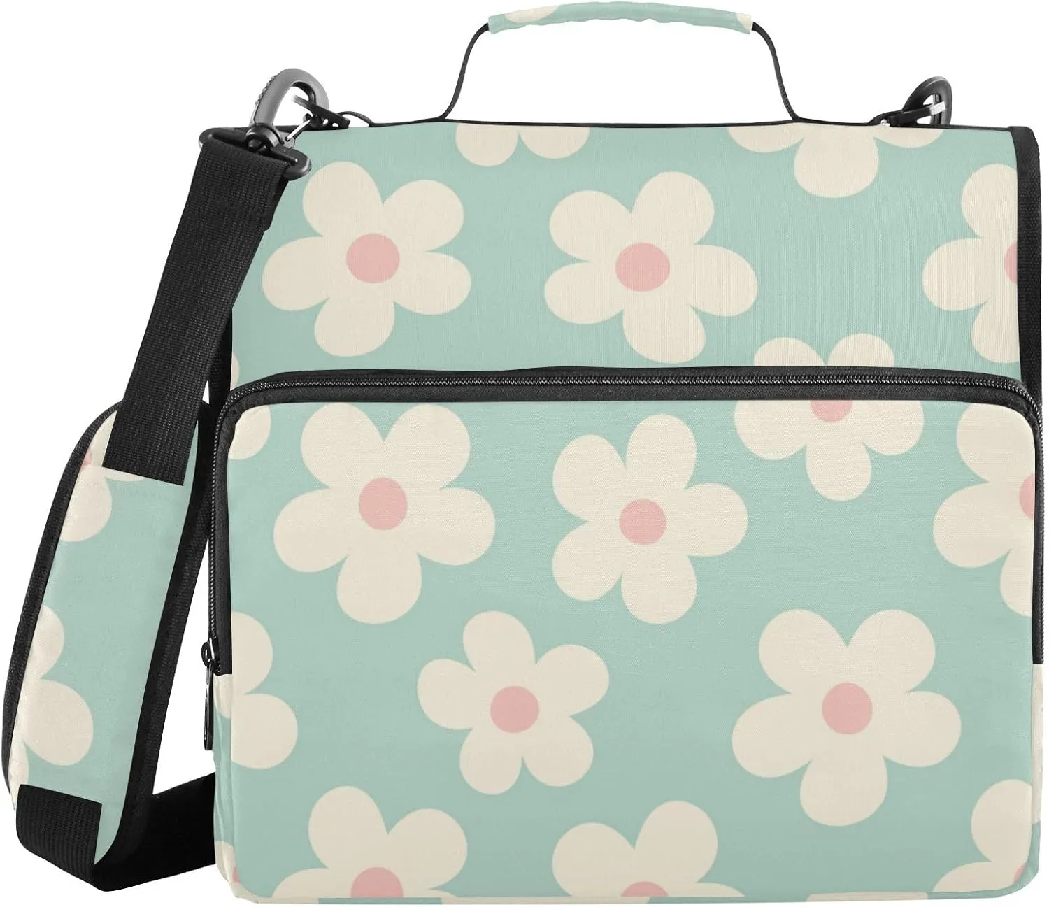 Aslsiy Zipper Binder Naive Floral Daisy Flower 1.5 inch 3-Ring Binder Organizer Green Trapper Keeper with Shoulder Strap for School Office Supplies