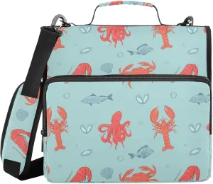 Aslsiy Zipper Binder Seafood Crab Lobster 1.5 inch 3-Ring Binder Organizer Shrimp Fish Trapper Keeper with Shoulder Strap for School Office Supplies