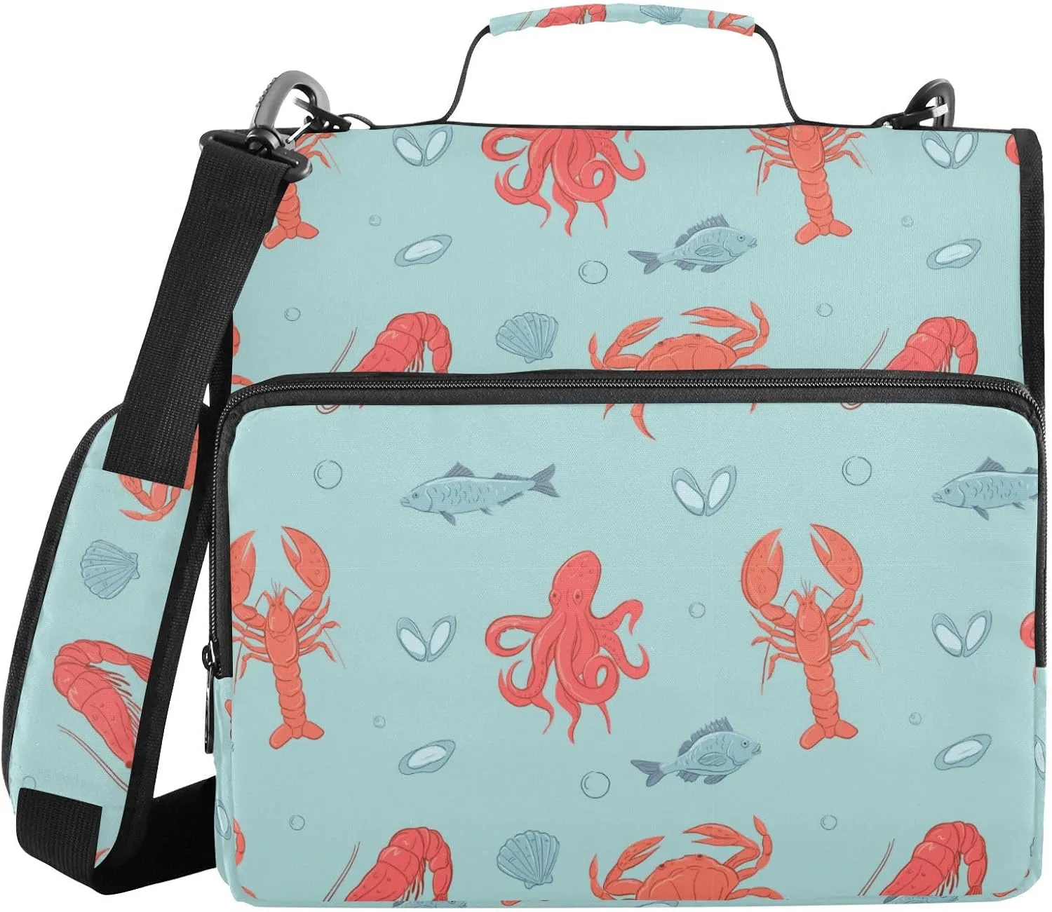 Aslsiy Zipper Binder Seafood Crab Lobster 1.5 inch 3-Ring Binder Organizer Shrimp Fish Trapper Keeper with Shoulder Strap for School Office Supplies