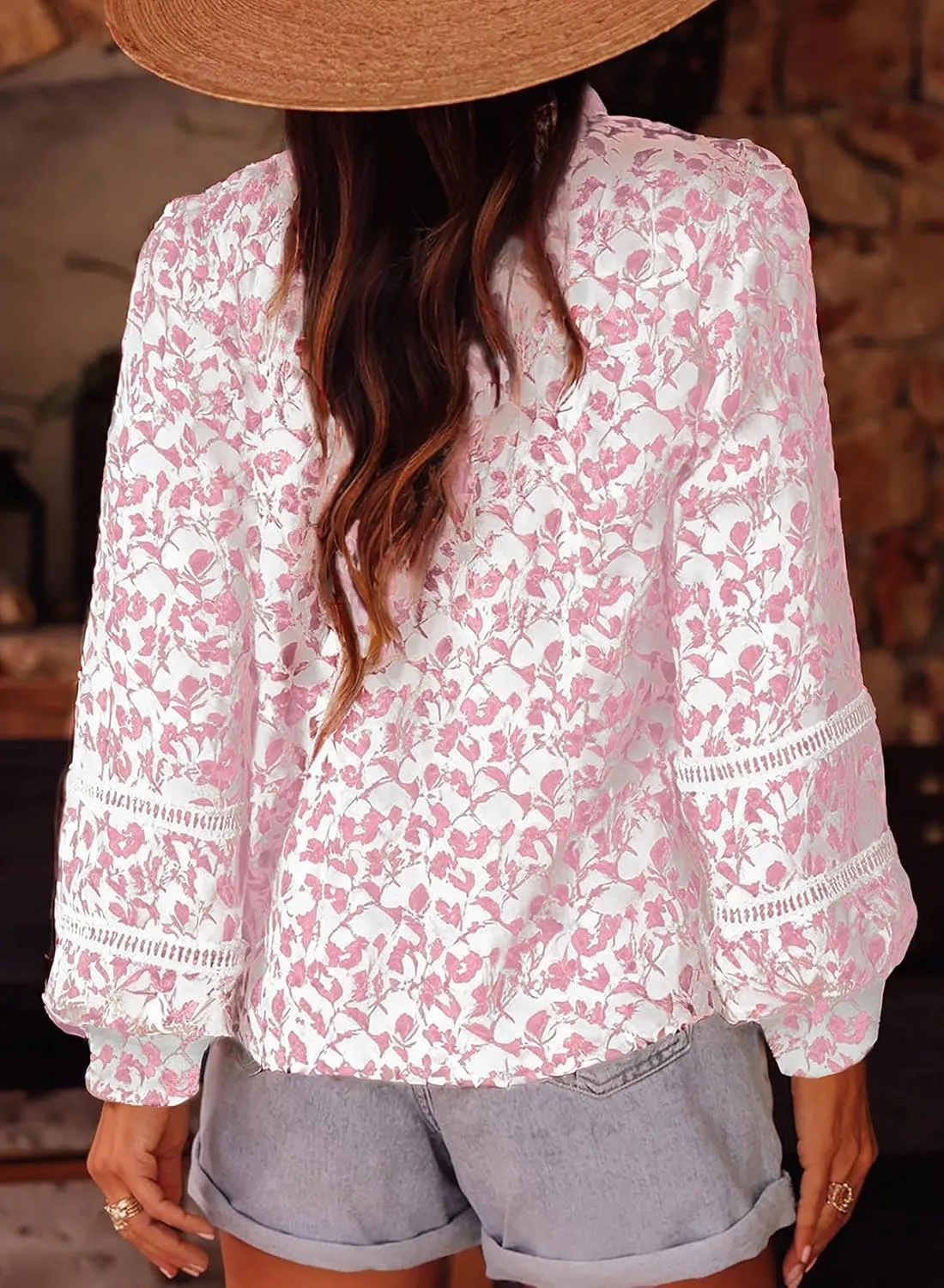 Astylish Womens Floral Printed Mock Neck Shirt Button Down Eyelet Blouse Tops