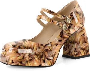 AUMOTED Women's Chunky Heels Platform Mary Janes Shoes Square Toe Pumps Patent Leather Block High Heel Dress Shoes 3.5 Inch