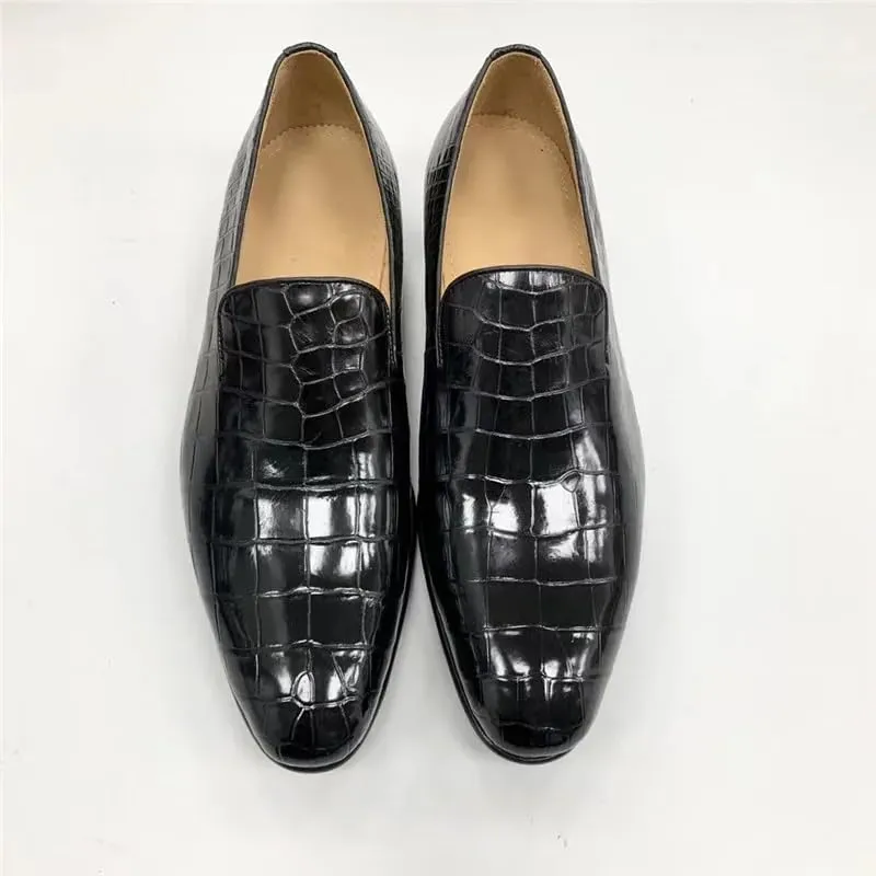 Authentic Exotic Crocodile Skin Business Style Men Black Dress Shoes Genuine Alligator Leather Male Slip-on Brogue Dress Loafers