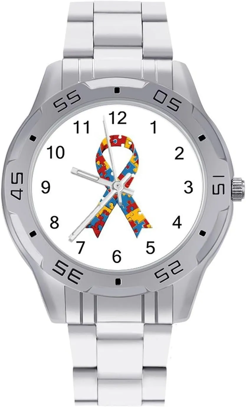 Autism Ribbon Awareness Simple Stainless Steel Band Business Watch Dress Wrist Unique Luxury Work Casual Waterproof Watches