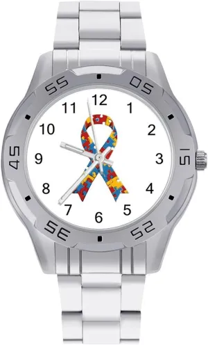 Autism Ribbon Awareness Simple Stainless Steel Band Business Watch Dress Wrist Unique Luxury Work Casual Waterproof Watches