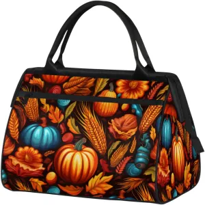 Autumn Pumpkin Wheat Ear Leaves Gym Bag for Women Men, Travel Sports Duffel Bag with Trolley Sleeve, Waterproof Sports Gym Bag Weekender Overnight Bag Carry On Tote Bag for Travel Gym Sport