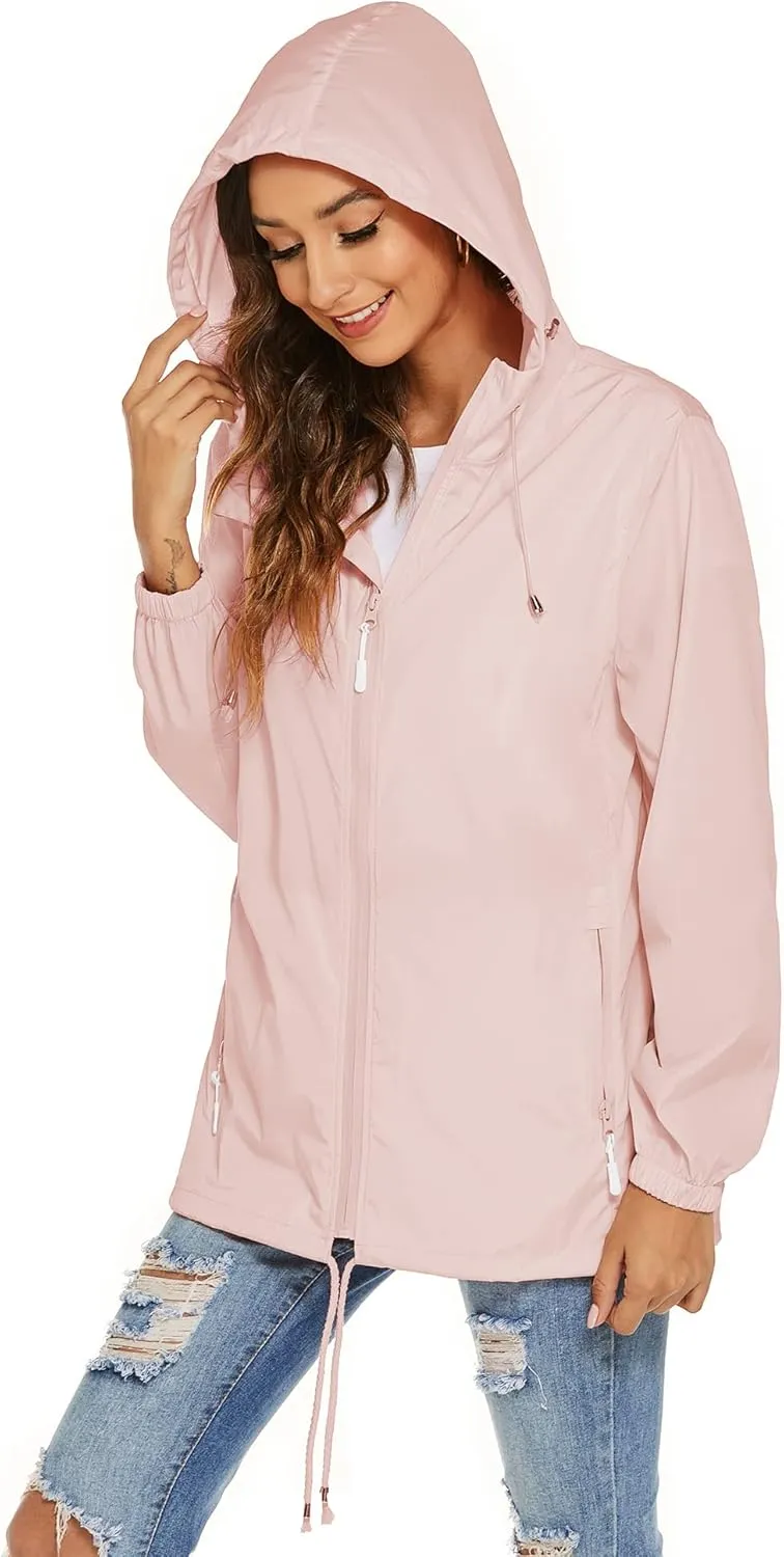 Avoogue Womens Waterproof Raincoat Lightweight Breathable Rain Jacket Hooded Rain Coat Outdoor Active Windbreaker with Pocket