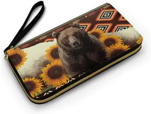 Aztec Sunflower Printed Wristlet Wallets for Women with Phone Pouch, Bear Printed Leather Clutch Purse for Women Teens, Slim Travel Purse Wristlet with Grip Hand Strap, Brown