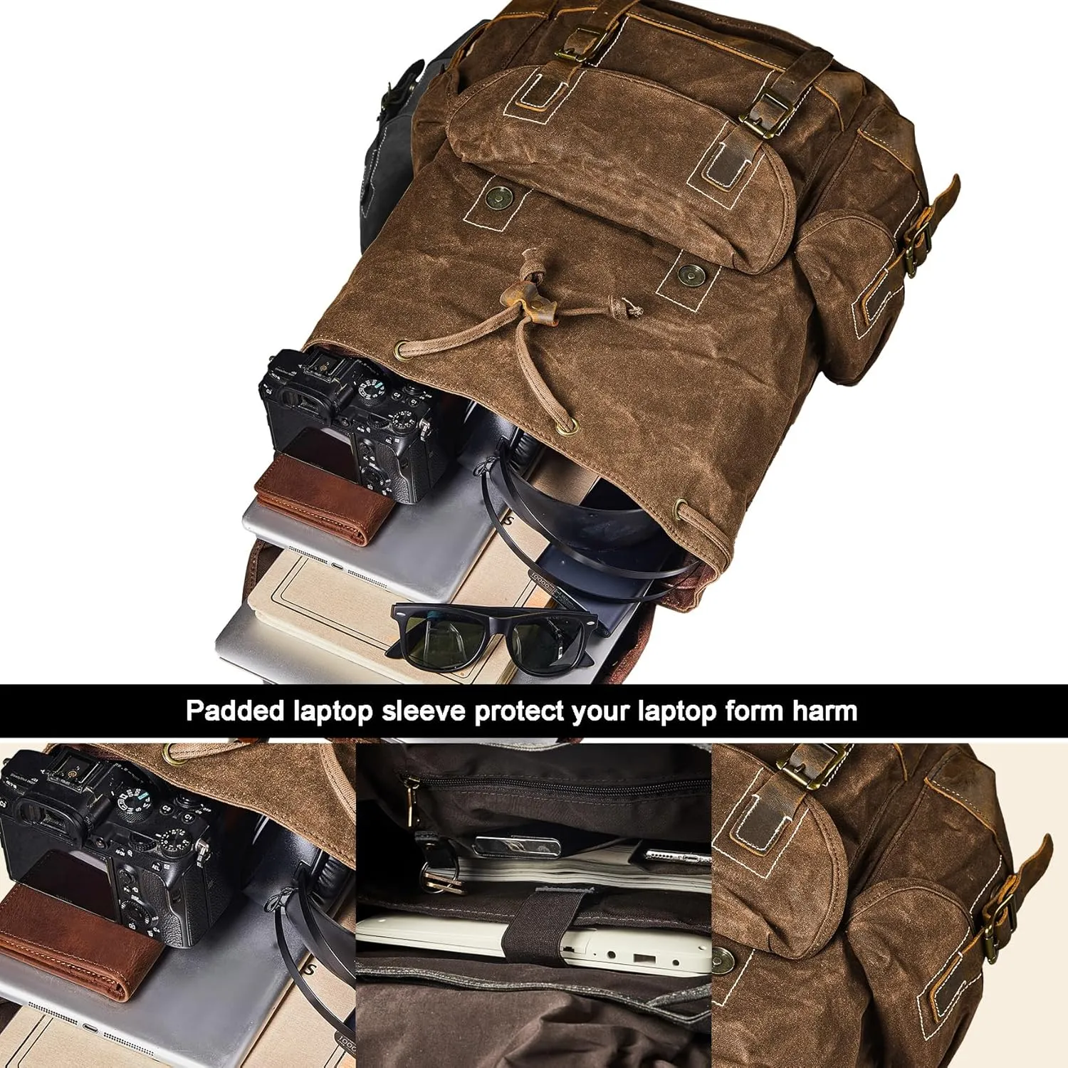 Backpack for Men Heavy Duty Waxed Canvas Vintage Women Trim Casual 15.6" laptop Travel Backpack-Brown
