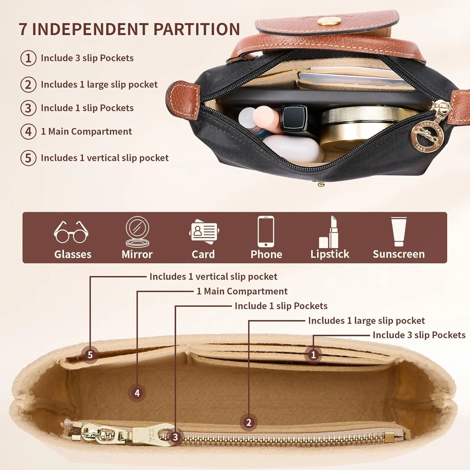 Bag Organizer compatible with Longchamp Tote Bag,Storage & Finishing Inner Bag,Bag Insert for Extra Handbag Inner Shaper