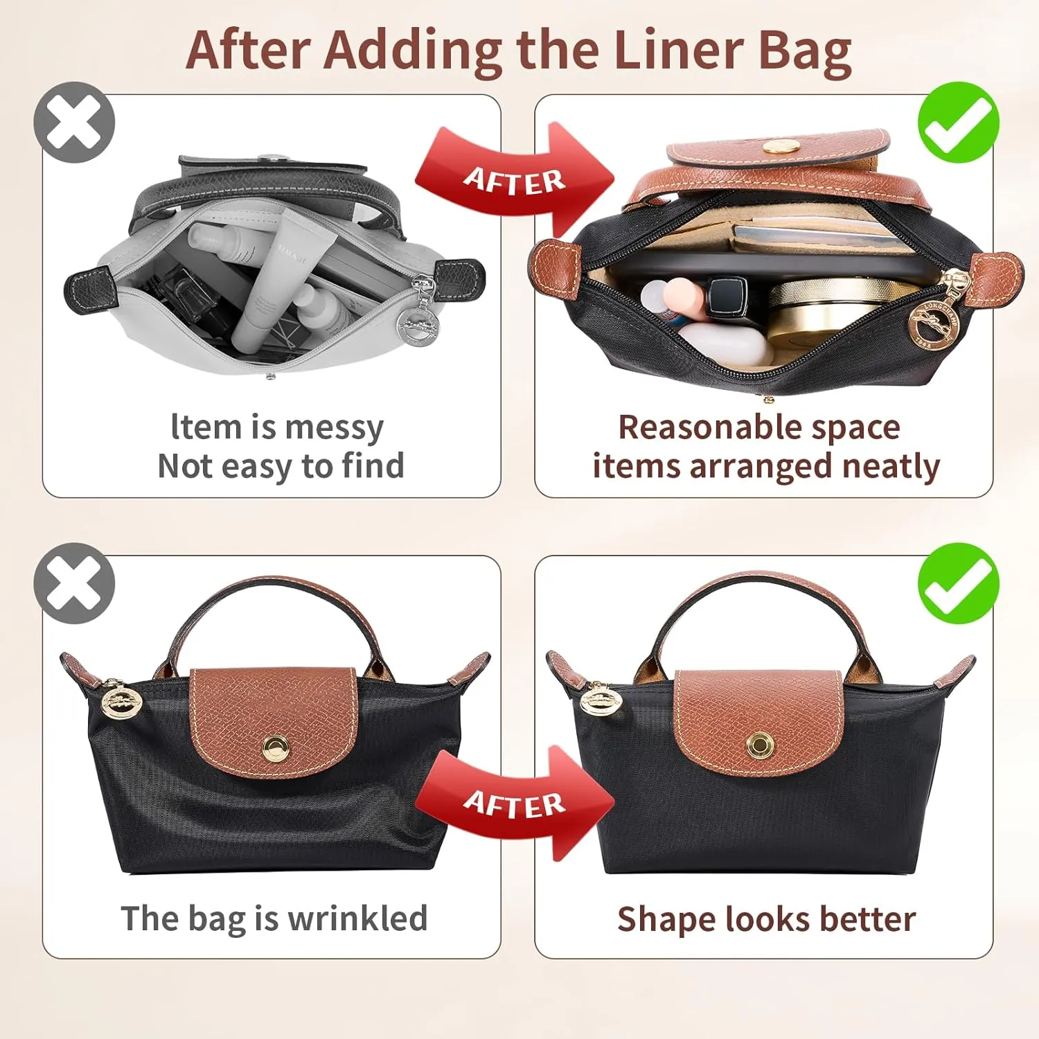 Bag Organizer compatible with Longchamp Tote Bag,Storage & Finishing Inner Bag,Bag Insert for Extra Handbag Inner Shaper