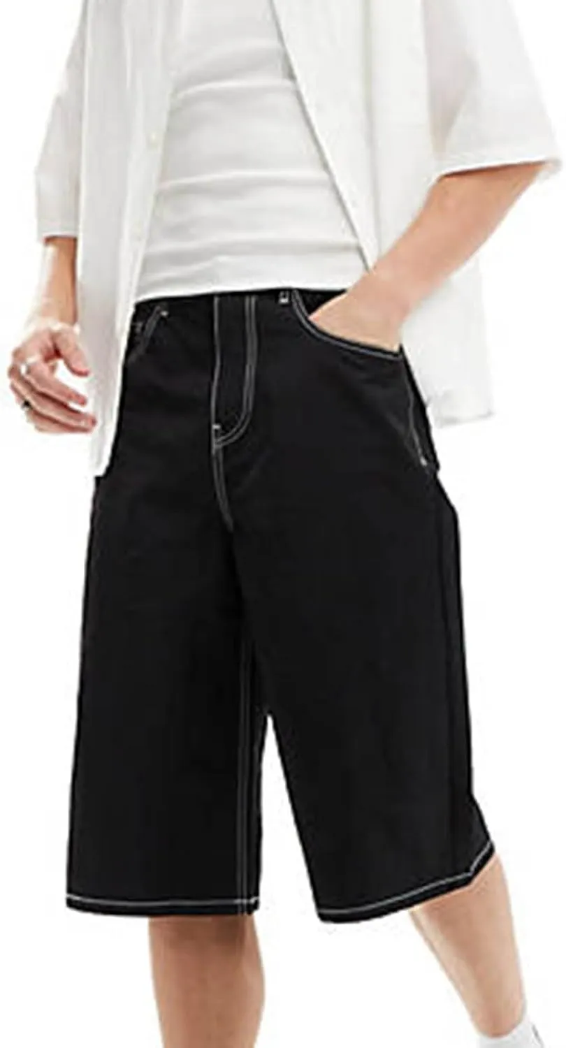 Baggy Jeans Shorts for Men Wide Leg Mid Jean Shorts Zipper Hip Hop Shorts with Pockets Streetwear