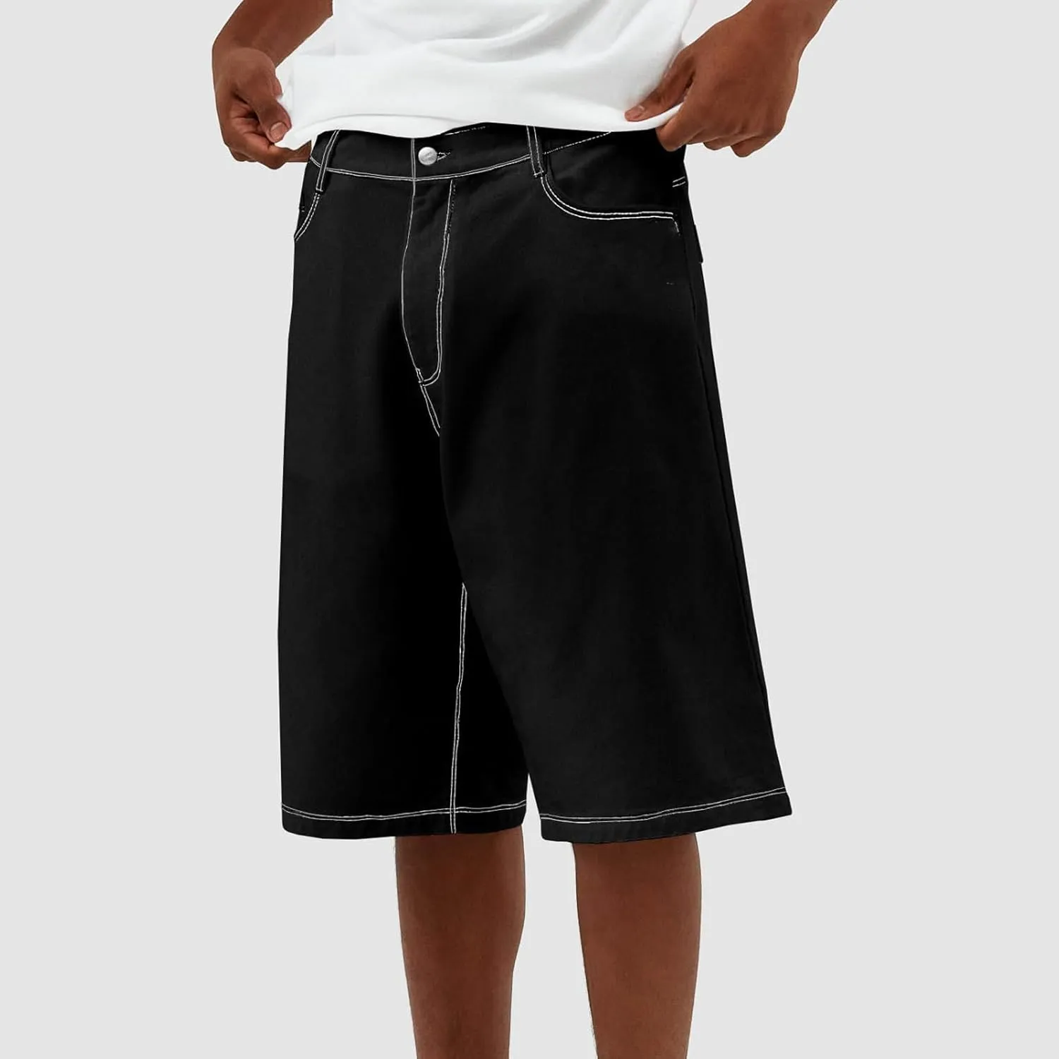 Baggy Jeans Shorts for Men Wide Leg Mid Jean Shorts Zipper Hip Hop Shorts with Pockets Streetwear