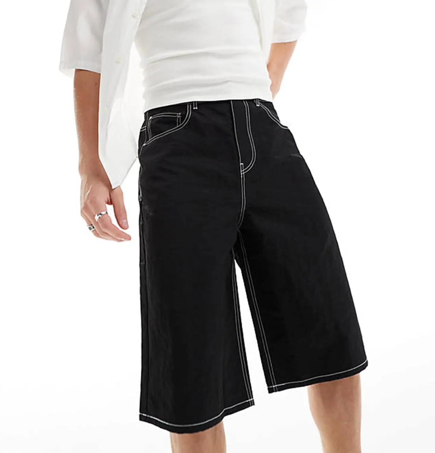 Baggy Jeans Shorts for Men Wide Leg Mid Jean Shorts Zipper Hip Hop Shorts with Pockets Streetwear