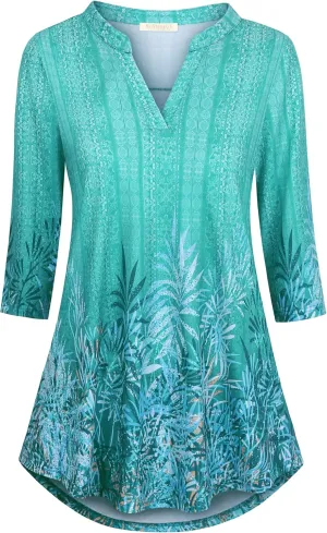 BAISHENGGT Womens 3/4 Sleeve Floral Printed Notch V Neck Blouses Tunics Tops