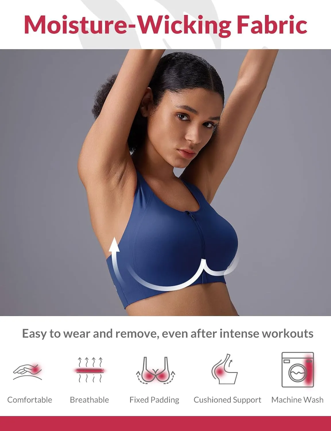 baleaf Sweatleaf Womens Zip Front Closure Sports Bras, Racerback Padded High Impact Yoga Workout Running Bra