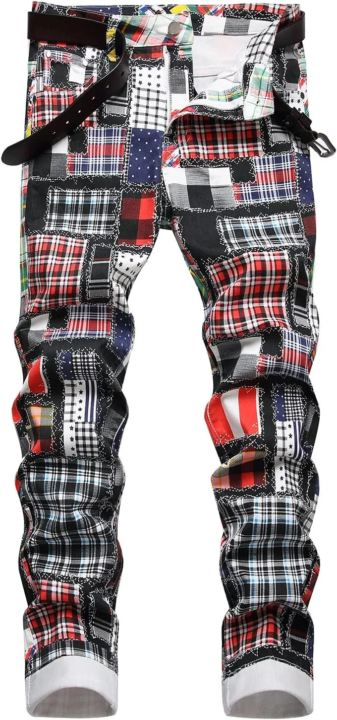 Baylvn Men's Casual Printed Slim Fit Jeans Skinny Denim Pants