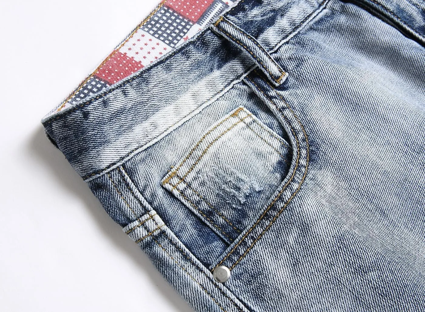 Baylvn Men's Casual Ripped Printed Denim Shorts Slim Fit Summer Beach Jeans Shorts