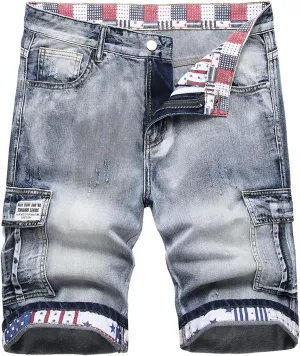 Baylvn Men's Casual Ripped Printed Denim Shorts Slim Fit Summer Beach Jeans Shorts