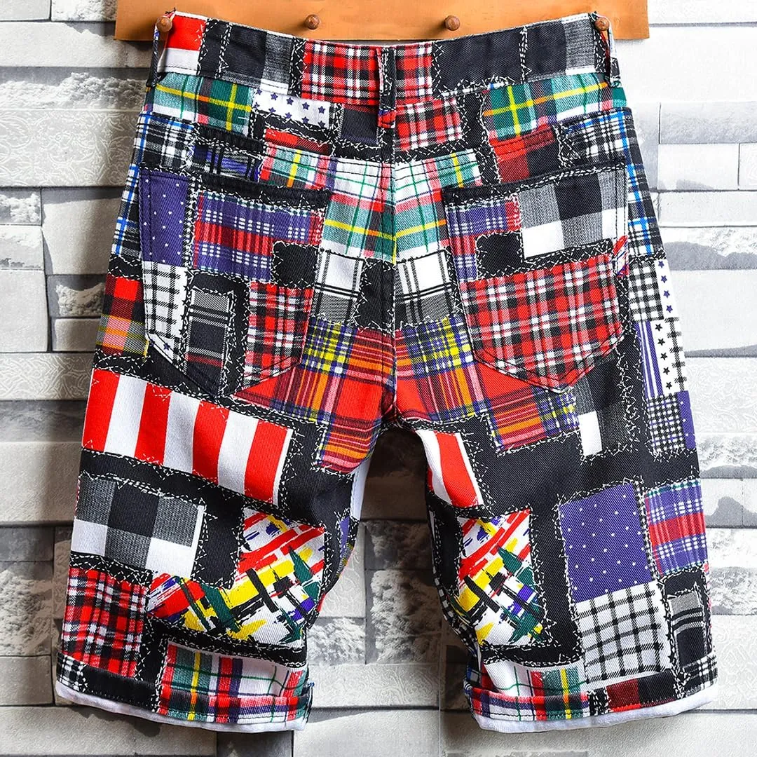 Baylvn Men's Casual Ripped Printed Denim Shorts Slim Fit Summer Beach Jeans Shorts