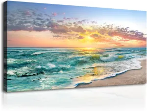 Beach Ocean Wall Art Pictures for Living Room - Canvas Print Wall Art Beach Sunset Ocean Waves Nature Pictures Framed for Bedroom Farmhouse Office Wall Décoration Teal Blue 40"x20"