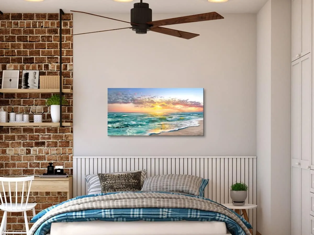 Beach Ocean Wall Art Pictures for Living Room - Canvas Print Wall Art Beach Sunset Ocean Waves Nature Pictures Framed for Bedroom Farmhouse Office Wall Décoration Teal Blue 40"x20"