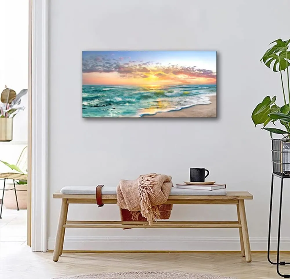 Beach Ocean Wall Art Pictures for Living Room - Canvas Print Wall Art Beach Sunset Ocean Waves Nature Pictures Framed for Bedroom Farmhouse Office Wall Décoration Teal Blue 40"x20"
