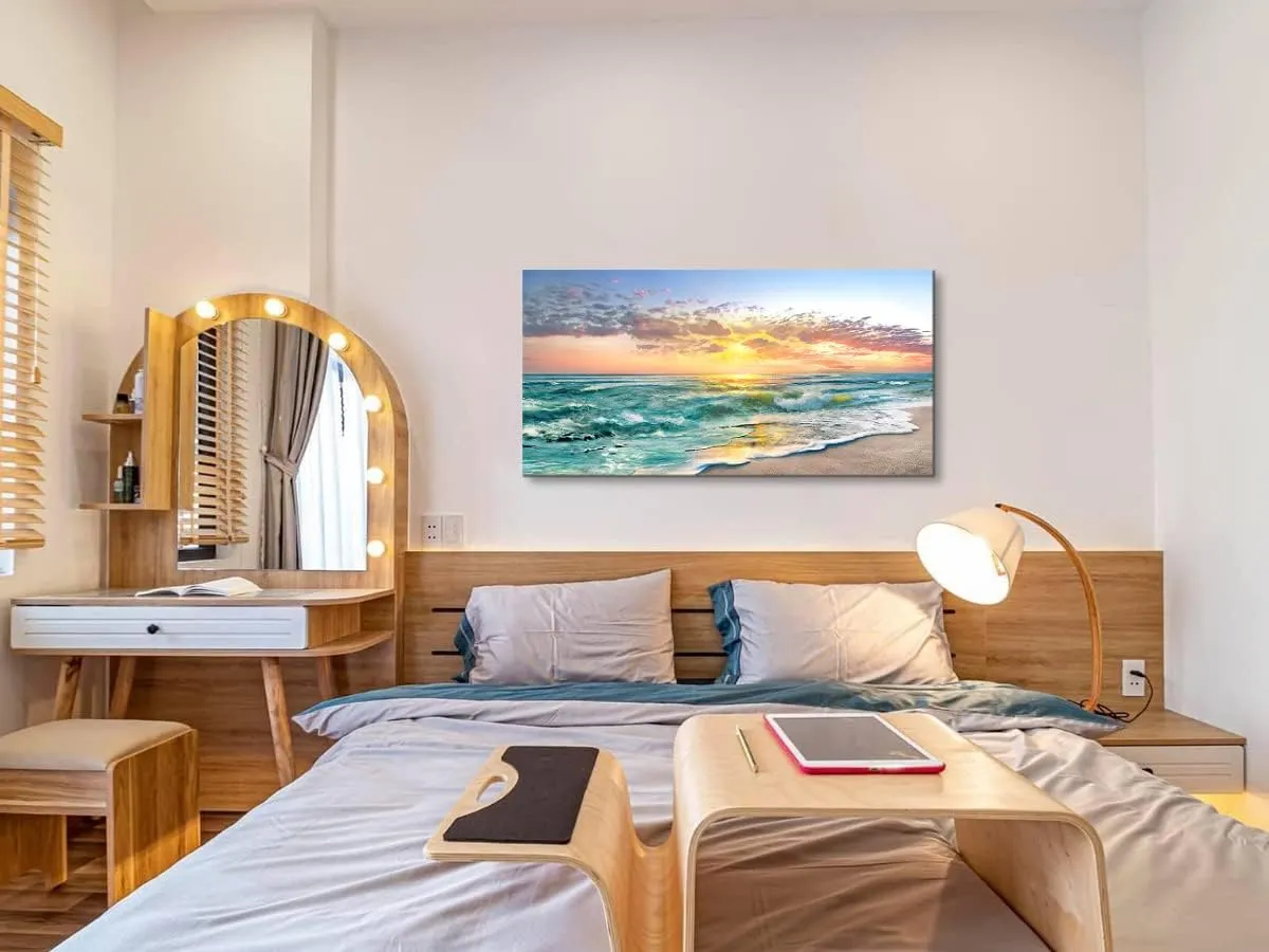 Beach Ocean Wall Art Pictures for Living Room - Canvas Print Wall Art Beach Sunset Ocean Waves Nature Pictures Framed for Bedroom Farmhouse Office Wall Décoration Teal Blue 40"x20"