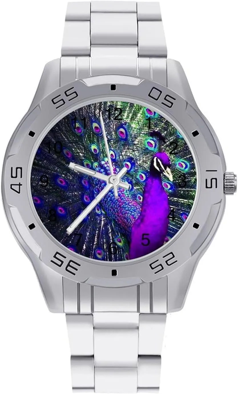 Beautiful Peacock Open Screen Simple Wrist Watches for Men Silver Casual Big Face Dress Watch Easy to Read