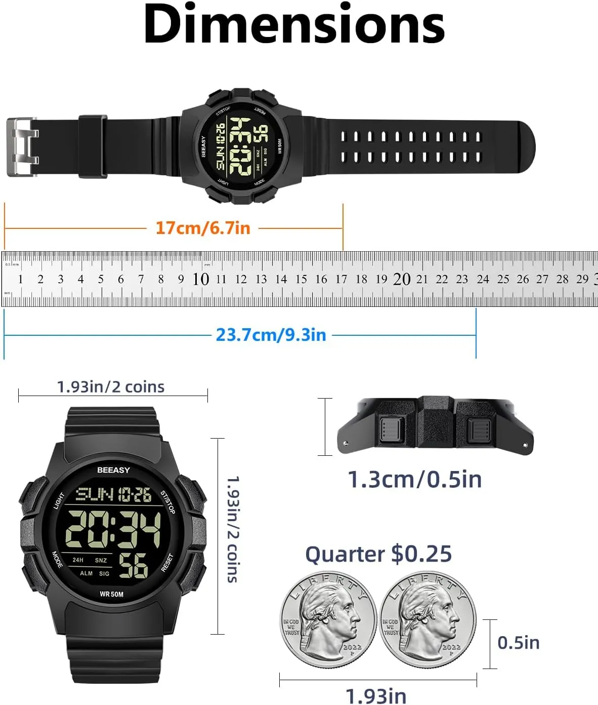 Beeasy Men Digital Sports Watch,Waterproof Watch with Stopwatch Countdown Timer Alarm Function Dual Time Rubber Strap Wrist Watch for Men/Student
