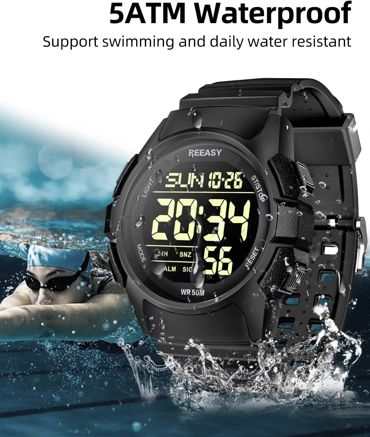 Beeasy Men Digital Sports Watch,Waterproof Watch with Stopwatch Countdown Timer Alarm Function Dual Time Rubber Strap Wrist Watch for Men/Student