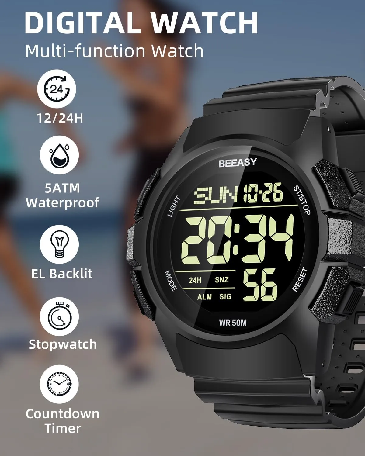 Beeasy Men Digital Sports Watch,Waterproof Watch with Stopwatch Countdown Timer Alarm Function Dual Time Rubber Strap Wrist Watch for Men/Student
